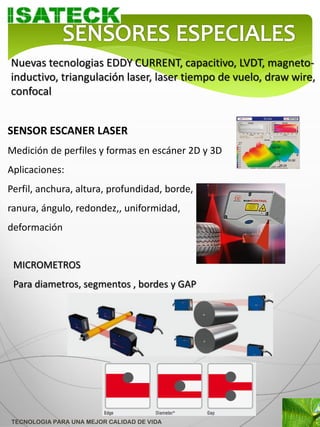 Nuevas tecnologias EDDY CURRENT, capacitivo, LVDT, magneto-
inductivo, triangulación laser, laser tiempo de vuelo, draw wire,
confocal


SENSOR ESCANER LASER
Medición de perfiles y formas en escáner 2D y 3D
Aplicaciones:
Perfil, anchura, altura, profundidad, borde,
ranura, ángulo, redondez,, uniformidad,
deformación


 MICROMETROS
 Para diametros, segmentos , bordes y GAP




TECNOLOGIA PARA UNA MEJOR CALIDAD DE VIDA
 