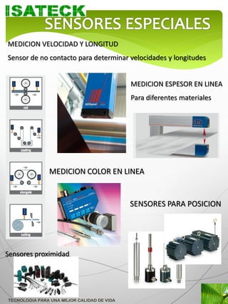 MEDICION VELOCIDAD Y LONGITUD
Sensor de no contacto para determinar velocidades y longitudes


                                            MEDICION ESPESOR EN LINEA
                                            Para diferentes materiales




               MEDICION COLOR EN LINEA


                                            SENSORES PARA POSICION




Sensores proximidad




TECNOLOGIA PARA UNA MEJOR CALIDAD DE VIDA
 