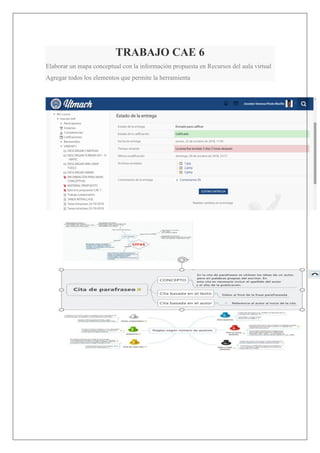 TRABAJO CAE 6
Elaborar un mapa conceptual con la información propuesta en Recursos del aula virtual
Agregar todos los elementos que permite la herramienta
 