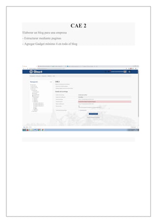 CAE 2
Elaborar un blog para una empresa
- Estructurar mediante paginas
- Agregar Gadget mínimo 4 en todo el blog
 