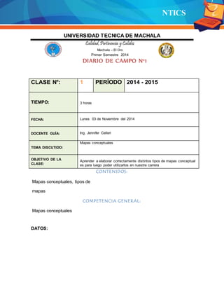 NTICS
UNIVERSIDAD TECNICA DE MACHALA
Calidad,Pertinencia y Calidez
Machala – El Oro
Primer Semestre 2014
DIARIO DE CAMPO N°1
CONTENIDOS:
Mapas conceptuales, tipos de
mapas
COMPETENCIA GENERAL:
Mapas conceptuales
DATOS:
CLASE N°: 1 PERÍODO 2014 - 2015
TIEMPO: 3 horas
FECHA: Lunes 03 de Noviembre del 2014
DOCENTE GUÍA: Ing. Jennifer Celleri
TEMA DISCUTIDO:
Mapas conceptuales
OBJETIVO DE LA
CLASE:
Aprender a elaborar correctamente distintos tipos de mapas conceptual
es para luego poder utilizarlos en nuestra carrera
 