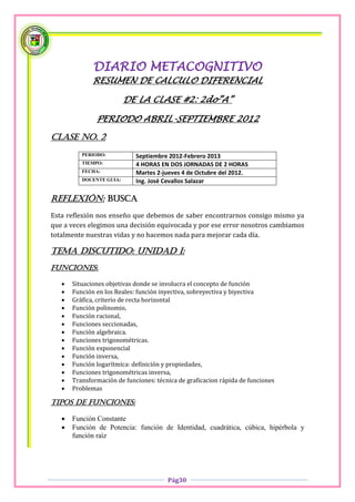 DIARIO METACOGNITIVO
              RESUMEN DE CALCULO DIFERENCIAL

                          DE LA CLASE #2: 2do”A”

               PERIODO ABRIL-SEPTIEMBRE 2012

Clase No. 2
          PERIODO:           Septiembre 2012-Febrero 2013
          TIEMPO:            4 HORAS EN DOS JORNADAS DE 2 HORAS
          FECHA:             Martes 2-jueves 4 de Octubre del 2012.
          DOCENTE GUIA:      Ing. José Cevallos Salazar

Reflexión: Busca
Esta reflexión nos enseño que debemos de saber encontrarnos consigo mismo ya
que a veces elegimos una decisión equivocada y por ese error nosotros cambiamos
totalmente nuestras vidas y no hacemos nada para mejorar cada día.

Tema discutido: Unidad I:
Funciones:

      Situaciones objetivas donde se involucra el concepto de función
      Función en los Reales: función inyectiva, sobreyectiva y biyectiva
      Gráfica, criterio de recta horizontal
      Función polinomio,
      Función racional,
      Funciones seccionadas,
      Función algebraica.
      Funciones trigonométricas.
      Función exponencial
      Función inversa,
      Función logarítmica: definición y propiedades,
      Funciones trigonométricas inversa,
      Transformación de funciones: técnica de graficacion rápida de funciones
      Problemas

Tipos de Funciones:

      Función Constante
      Función de Potencia: función de Identidad, cuadrática, cúbica, hipérbola y
       función raíz




                                        Pág30
 