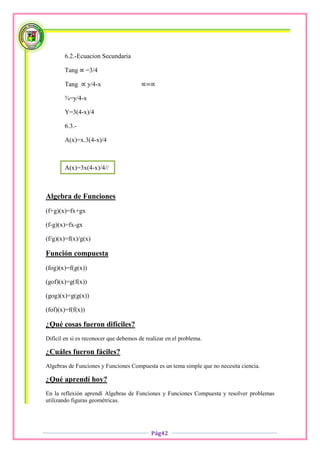 6.2.-Ecuacion Secundaria

        Tang       =3/4

        Tang       y/4-x

        ¾=y/4-x

        Y=3(4-x)/4

        6.3.-

        A(x)=x.3(4-x)/4



        A(x)=3x(4-x)/4//



Algebra de Funciones
(f+g)(x)=fx+gx

(f-g)(x)=fx-gx

(f/g)(x)=f(x)/g(x)

Función compuesta
(fog)(x)=f(g(x))

(gof)(x)=g(f(x))

(gog)(x)=g(g(x))

(fof)(x)=f(f(x))

¿Qué cosas fueron difíciles?
Difícil en si es reconocer que debemos de realizar en el problema.

¿Cuáles fueron fáciles?
Algebras de Funciones y Funciones Compuesta es un tema simple que no necesita ciencia.

¿Qué aprendí hoy?
En la reflexión aprendí Algebras de Funciones y Funciones Compuesta y resolver problemas
utilizando figuras geométricas.




                                            Pág42
 
