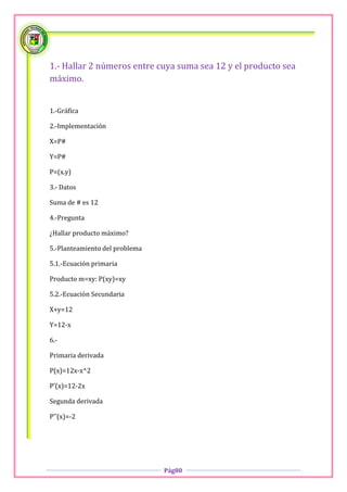 1.- Hallar 2 números entre cuya suma sea 12 y el producto sea
máximo.


1.-Gráfica

2.-Implementación

X=P#

Y=P#

P=(x.y)

3.- Datos

Suma de # es 12

4.-Pregunta

¿Hallar producto máximo?

5.-Planteamiento del problema

5.1.-Ecuación primaria

Producto m=xy: P(xy)=xy

5.2.-Ecuación Secundaria

X+y=12

Y=12-x

6.-

Primaria derivada

P(x)=12x-x^2

P’(x)=12-2x

Segunda derivada

P’’(x)=-2




                                Pág80
 