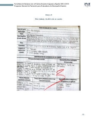 55
Portafolio de Evidencias de mi Práctica Docente Asignatura Español 2014-2015
Programa General de Formación para Evaluadores de Desempeño Docente
Anexo 4
Otro trabajo: Análisis de un cuento
 