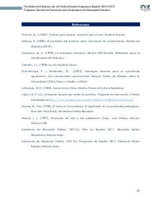 69
Portafolio de Evidencias de mi Práctica Docente Asignatura Español 2014-2015
Programa General de Formación para Evaluadores de Desempeño Docente
Referencias
Álvarez, M. J. (2001). Evaluar para conocer, examinar para excluir. Madrid: Morata.
Atienza, E. (2009). El portafolio del profesor como instrumento de autoformación. Revista de
didáctica ELE (9).
Casanova, M. A. (1998). La evaluación educativa. México: SEP-Muralla. (Biblioteca para la
Actualización del Maestro).
Cebrián, J. L. (1998). La red. Madrid: Taurus.
Díaz-Barriga, F. y Hernández, G. (2002). Estrategias docentes para un aprendizaje
significativo: Una interpretación constructivista. México: Centro de Estudios sobre la
Universidad (CESU), Plaza y Valdés y UNAM.
Lefrancois, G. R. (1980). Acerca de los Niños. México: Fondo de Cultura Económica.
López, M. P. (s.f.). Evaluación docente por medio de porfolios. Propuesta de Intervención. [Video].
Consultado de http://www.youtube.com/watch?v=U0nRss-PG5I&feature=youtu.be
Manen, M. Van (1998). El tacto en la enseñanza. El significado de la sensibilidad pedagógica.
Elisa San. Aisa (trad.). Barcelona: Paidós Educador.
Meece, J. L. (1997). Desarrollo del niño y del adolescente. (Trad., José Pecina). México:
McGraw-Hill.
Secretaría de Educación Pública. (2011a). Plan de Estudios 2011. Educación Básica
Secundaria. México: Autor.
Secretaría de Educación Pública. (2011b). Programas de Estudio 2011 Educación Básica
Español. México: Autor.
 