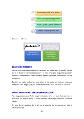 17
Escritura tensa:
firmeza de carácter.
Escritura floja:
Carece de fuerza
interior para
enfrentar obstáculos.
De acuerdo a la firmeza:
EXÁMENES MÉDICOS
Muchas empresas realizan exámenes médicos a sus aspirantes y empleados esto es
con el fin de saber cuan saludables están y si están aptos para los puestos que están
aplicados, para tener más control sobre los seguros y posibles contratiempos con los
empleados.
También se realiza exámenes para saber si los aspirantes ingieren sustancias
prohibidas como drogas ya que lo aplican como un filtro en la selección de personal.
CUMPLIMIENTO DE LEYES DE INMIGRACIÓN
Para los puestos que se ofertan las personas deber tener sus respectivos permisos si
es que no son del país donde se oferta el trabajo esto incluye pasaportes y visas de
trabajo.
En caso de ser residente dar fe de eso y presentar los formularios con toda la
información legal.
Inclinada derecha: pierde nervios, dramática
en asuntos sentimentales.
Vertical: controlan sus sentimientos, deseos,
poseen madurez, estabilidad.
Inclinada a izquierda o invertida: Represión de
necesidad de contactar con la gente.
Oscilante: lucha consigo mismos, refleja
inmadurez.
 