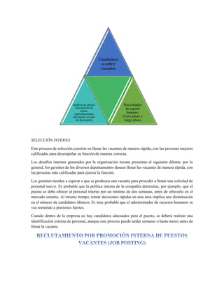 SELECCIÓN INTERNA
Este proceso de selección consiste en llenar las vacantes de manera rápida, con las personas mejores
calificadas para desempeñar su función de manera correcta.
Los desafíos internos generados por la organización misma presentan el siguiente dilema: por lo
general, los gerentes de los diversos departamentos desean llenar las vacantes de manera rápida, con
las personas más calificadas para ejercer la función.
Los gerentes tienden a esperar a que se produzca una vacante para proceder a llenar una solicitud de
personal nuevo. Es probable que la política interna de la compañía determine, por ejemplo, que el
puesto se debe ofrecer al personal interno por un mínimo de dos semanas, antes de ofrecerlo en el
mercado externo. Al mismo tiempo, tomar decisiones rápidas en esta área implica una disminución
en el número de candidatos idóneos. Es muy probable que el administrador de recursos humanos se
vea sometido a presiones fuertes.
Cuando dentro de la empresa no hay candidatos adecuados para el puesto, se deberá realizar una
identificación externa de personal, aunque este proceso pueda tardar semanas o hasta meses antes de
llenar la vacante.
Candidatos
a cubrir
vacantes
Análisis de puesto:
Descripción de
tareas,
especificaciones
del puesto, niveles
de desempeño
Necesidades
de capital
humano:
Corto plazo y
largo plazo
 