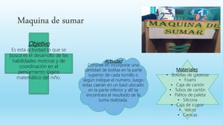 Maquina de sumar
Actividad
Consiste en incorporar una
cantidad de bolitas en la parte
superior de cada tornillo o
según indique el numero, luego
estas caerán en un baúl ubicado
en la parte inferior y allí se
encontrara el resultado de la
suma realizada.
Objetivo
Es esta actividad lo que se
busca es el desarrollo de las
habilidades motoras y de
coordinación en el
pensamiento lógico
matemático del niño.
Materiales:
• Botellas de gaseosa
• Foami
• Caja de cartón
• Tubos de cartón
• Palitos de paleta
• Silicona
• Caja de icopor
• Velcro
• Canicas
 