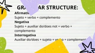 GRAMMAR STRUCTURE:
Afirmativa
Sujeto + verbo + complemento
Negativa
Sujeto + auxiliar do/does not + verbo +
complemento
Interrogativa
Auxiliar do/does + sujeto + verbo + complemento
 