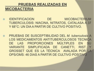 PRUEBAS REALIZADAS EN
MICOBACTERIA


IDENTIFICACION
DE
MICOBACTERIUM
TUBERCULOSIS: NIACINA, NITRATOS, CATALASA A 37
Y 68°C: UN DIA A PARTIR DE CULTIVO POSITIVO.



PRUEBAS DE SUSCEPTIBILIDAD DEL M. tuberculosis A
LOS MEDICAMENTOS ANTITUBERCULOSOS TECNICA
DE LAS PROPORCIONES MÚLTIPLES EN SU
VARIANTE SIMPLIFICADA DE CANETTI, RIST Y
GROSSET QUE ES LA TÉCNICA AVALADA POR LA
OPS/OMS: 46 DIAS A PARTIR DE CULTIVO POSITIVO

Alba Marina Rueda Olivella

1

 