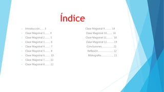 Índice
• Introducción……. 3 Clase Magistral 9……….. 14
• Clase Magistral 1…….. 4 Clase Magistral 10……… 16
• Clase Magistral 2…...... 5 Clase Magistral 11………. 18
• Clase Magistral 3……… 6 Clase Magistral 12……….. 19
• Clase Magistral 4……… 7 Conclusiones……………… 21
• Clase Magistral 5……… 8 Reflexión………………....... 22
• Clase Magistral 6……… 10 Bibliografía……………….. 23
• Clase Magistral 7……. ..11
• Clase Magistral 8……. ..12
 