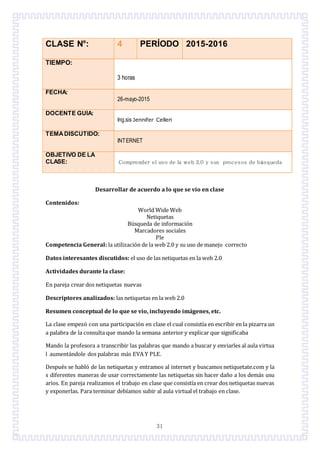 31
CLASE N°: 4 PERÍODO 2015-2016
TIEMPO:
3 horas
FECHA:
26-mayo-2015
DOCENTE GUÍA:
Ing.sis Jennifer Celleri
TEMADISCUTIDO:
INTERNET
OBJETIVO DE LA
CLASE: Comprender el uso de la web 2.0 y sus procesos de búsqueda
Desarrollar de acuerdo a lo que se vio en clase
Contenidos:
World Wide Web
Netiquetas
Búsqueda de información
Marcadores sociales
Ple
Competencia General: la utilización de la web 2.0 y su uso de manejo correcto
Datos interesantes discutidos: el uso de las netiquetas en la web 2.0
Actividades durante la clase:
En pareja crear dos netiquetas nuevas
Descriptores analizados: las netiquetas en la web 2.0
Resumen conceptual de lo que se vio, incluyendo imágenes, etc.
La clase empezó con una participación en clase el cual consistía en escribir en la pizarra un
a palabra de la consulta que mando la semana anterior y explicar que significaba
Mando la profesora a transcribir las palabras que mando a buscar y enviarles al aula virtua
l aumentándole dos palabras más EVA Y PLE.
Después se habló de las netiquetas y entramos al internet y buscamos netiquetate.com y la
s diferentes maneras de usar correctamente las netiquetas sin hacer daño a los demás usu
arios. En pareja realizamos el trabajo en clase que consistía en crear dos netiquetas nuevas
y exponerlas. Para terminar debíamos subir al aula virtual el trabajo en clase.
 