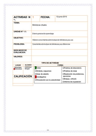 69
ACTIVIDAD N
°:
1 FECHA: 12-junio-2015
TEMA:
Bibliotecas virtuales
UNIDAD N° 1.1:
Entornopersonalde aprendizaje
OBJETIVO:
Obtenerconocimientossobrelostiposde bibliotecasysus uso
PROBLEMA: Característicadelostipos de bibliotecasysus diferencias
INDICADOR DE
EVALUACION:
VALORES:
TIPO DE ACTIVIDAD
LUGAR ALCANCE FORMA
□Intraclase
□Extraclase
□Individual
□Grupal
□Taller
□Síntesis, esquemas
□Caso de estudio
□Investigativa
□Vinculación con la colectividad
□Práctica de laboratorio
□Práctica de clase
□Resolución de problemas,
ejercicios
□Ensayo, artículo
□Informe de exposición
CALIFICACIÓN
 