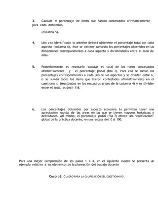 3. Calcular el porcentaje de ítems que fueron contestados afirmativamente 
para cada dimensión 
(columna 5). 
4. Una vez identificado lo anterior deberá obtenerse el porcentaje total por cada 
aspecto (columna 6), éste se obtiene sumando los porcentajes obtenidos en las 
dimensiones correspondientes a cada aspecto y dividiéndolos entre el total de 
ellas. 
5. Posteriormente es necesario calcular el total de los ítems contestados 
afirmativamente y el porcentaje global (fila 7). Para ello se suman los 
porcentajes correspondientes a cada uno de los aspectos y se dividen entre 6, 
o se suman todos los ítems que fueron contestados afirmativamente en el 
cuestionario (registrados en los recuadros grises de la columna 4) y se dividen 
entre el total, es decir 116. 
6. Los porcentajes obtenidos por aspecto (columna 6) permiten tener una 
apreciación rápida de las áreas en las que se tienen mayores fortalezas y 
debilidades. Así mismo, el porcentaje global (fila 7) ofrece una “calificación” 
global de la práctica docente, en una escala del 0 al 100. 
Para una mejor comprensión de los pasos 1 a 4, en el siguiente cuadro se presenta un 
ejemplo relativo a los elementos de la planeación del trabajo docente 
Cuadro2: CUADRO PARA LA CALIFICACIÓN DEL CUESTIONARIO 
 