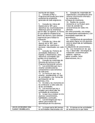 escrita de mis clases. 
3. Consulto el Plan y 
Programas de Estudio para tener 
presentes los propósitos 
generales de cada asignatura. 
5. Consulto los Libros del 
Maestro de la SEP, para 
identificar las recomendaciones 
didácticas para la enseñanza 
que en ellos se sugieren, la forma 
en que deberán emplearse los 
libros del alumno y para obtener 
sugerencias para realizar la 
evaluación. 
6. Consulto los Libros del 
Alumno de la SEP, para 
identificar los ejercicios o 
lecciones relacionados con cada 
tema. 
7. Consulto los Ficheros de 
Actividades Didácticas de 
Español y Matemáticas, para 
identificar actividades que 
auxilien en la enseñanza. 
9. Consulto los materiales de 
Rincones de Lectura y/o del 
Programa Nacional de Lectura. 
11. Los contenidos que voy a 
enseñar considerando los 
componentes o ejes temáticos 
de cada área. 
13. La forma en que voy a 
enseñar, estableciendo el tipo 
de actividades y las formas de 
participación de los 
alumnos y mía. 
14. El orden y los momentos en 
los se llevarán a cabo cada una 
de las actividades. 
15. Los recursos que voy a 
emplear para desarrollar las 
actividades de enseñanza. 
16. Lo que voy a evaluar en mis 
alumnos: conocimientos, 
habilidades y actitudes. 
17. Las estrategias que voy a 
aplicar para evaluar los 
aprendizajes de mis alumnos. 
8. Consulto los materiales de 
capacitación y actualización para 
retomar información referida a 
los contenidos y 
enfoques de enseñanza. 
10. Realizo los ajustes 
necesarios al currículum para 
tratar de atender las 
características de todos mis 
alumnos 
(los niños promedio, con rezago, 
con desempeño sobresaliente y con 
necesidades especiales de 
aprendizaje). 
12. Los objetivos de aprendizaje 
que quiero lograr en mis alumnos, 
como el desarrollo de habilidades, 
actitudes y 
la adquisición de conocimientos. 
18. Los momentos en los que 
voy a desarrollar estrategias de 
evaluación (momentos para 
elaborar registros, 
aplicar pruebas, hacer 
observaciones, etc.). 
USO DE LOS RECURSOS PARA 
PLANEAR Y DESARROLLAR EL 
21. La mayor parte del tiempo, 
en actividades relacionadas con 
19. El tiempo en las actividades 
de acuerdo con lo que había 
 