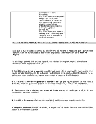 participen en todas las 
actividades. 
110. Promuevo que se resuelvan 
a tiempo las situaciones 
conflictivas que se presentan. 
111. Mantengo la calma ante 
situaciones conflictivas, 
evitando reacciones negativas 
como gritar, golpear 
objetos,etc. 
112. Promuevo que en mi salón 
de clase exista un ambiente de 
compañerismo y camaradería 
entre mis alumnos. 
V. USO DE LOS RESULTADOS PARA LA DEFINICIÓN DEL PLAN DE MEJORA 
Para que la autoevaluación cumpla su función final de mejora es necesario que a partir de la 
identificación de las fortalezas y debilidades se proceda a la elaboración de un Plan de 
Mejora. 
La estrategia general que aquí se sugiere para realizar dicho plan, implica al menos la 
definición de los siguientes aspectos: 
1. Identificación de los problemas, considerando para ello la información concentrada en el 
cuadro para la identificación de fortalezas y debilidades de la práctica docente (Cuadro 3). Los 
problemas, como es obvio, son los que aparecen en la columna de debilidades. 
2. Analizar cada uno de los problemas identificados, ya que algunos pueden ser más serios o 
delicados, mientras que varios pueden ser sencillos de resolver, e incluso, no prioritarios. 
3. Categorizar los problemas por orden de importancia, de modo que se elijan los que 
requieren de atención inmediata. 
4. Identificar las causas relacionadas con el (los) problema(s) que se quieren atender. 
5. Proponer acciones precisas -e incluso, la mayoría de las veces, sencillas- que contribuyan a 
atacar el problema en cuestión. 
 