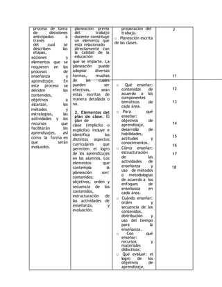 proceso de toma 
de decisiones 
anticipadas a 
través 
del cual se 
describen las 
etapas, 
acciones y 
elementos que se 
requieren en los 
procesos de 
enseñanza y 
aprendizaje. En 
este proceso se 
deciden los 
contenidos, 
objetivos a 
alcanzar, los 
métodos y 
estrategias, las 
actividades y los 
recursos que 
facilitarán los 
aprendizajes, así 
como la forma en 
que serán 
evaluados. 
planeación previa 
del trabajo 
docente constituye 
un elemento que 
está relacionado 
directamente con 
la calidad de la 
educación 
que se imparte. La 
planeación puede 
adoptar diversas 
formas, muchas 
de las cuales 
pueden ser 
efectivas, sean 
estas escritas de 
manera detallada o 
no. 
2. Elementos del 
plan de clase. El 
plan de 
clase (implícito o 
explícito) incluye e 
identifica los 
distintos aspectos 
curriculares que 
permiten el logro 
de los aprendizajes 
en los alumnos. Los 
elementos que 
contempla la 
planeación son: 
contenidos, 
objetivos, orden y 
secuencia de los 
contenidos, 
estructuración de 
las actividades de 
enseñanza, y 
evaluación. 
preparación del 
trabajo. 
o Planeación escrita 
de las clases. 
o Qué enseñar: 
contenidos de 
acuerdo a los 
componentes 
temáticos de 
cada área. 
o Para qué 
enseñar: 
objetivos de 
aprendizaje, 
desarrollo de 
habilidades, 
actitudes y 
conocimientos. 
o Cómo enseñar: 
estructuración 
de las 
actividades de 
enseñanza y 
uso de métodos 
o metodologías 
de acuerdo a los 
enfoques de 
enseñanza en 
cada área. 
o Cuándo enseñar: 
orden y 
secuencia de los 
contenidos, 
distribución y 
uso del tiempo 
para la 
enseñanza. 
o Con qué 
enseñar: 
recursos y 
materiales 
didácticos. 
o Qué evaluar: el 
logro de los 
objetivos de 
aprendizaje, 
2 
11 
12 
13 
14 
15 
16 
17 
18 
 