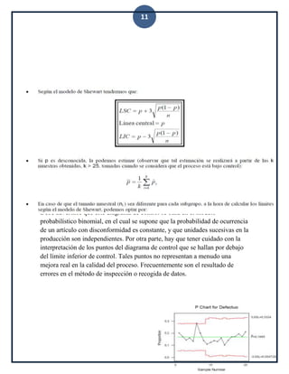 11
Debe advertirse que este diagrama de control se basa en el modelo
probabilístico binomial, en el cual se supone que la probabilidad de ocurrencia
de un artículo con disconformidad es constante, y que unidades sucesivas en la
producción son independientes. Por otra parte, hay que tener cuidado con la
interpretación de los puntos del diagrama de control que se hallan por debajo
del límite inferior de control. Tales puntos no representan a menudo una
mejora real en la calidad del proceso. Frecuentemente son el resultado de
errores en el método de inspección o recogida de datos.
 