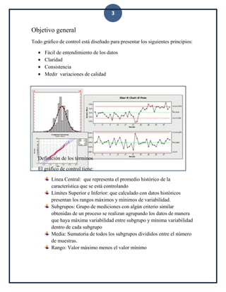 3
Objetivo general
Todo gráfico de control está diseñado para presentar los siguientes principios:
Fácil de entendimiento de los datos
Claridad
Consistencia
Medir variaciones de calidad
Definición de los términos
El gráfico de control tiene:
Línea Central: que representa el promedio histórico de la
característica que se está controlando
Límites Superior e Inferior: que calculado con datos históricos
presentan los rangos máximos y mínimos de variabilidad.
Subgrupos: Grupo de mediciones con algún criterio similar
obtenidas de un proceso se realizan agrupando los datos de manera
que haya máxima variabilidad entre subgrupo y mínima variabilidad
dentro de cada subgrupo
Media: Sumatoria de todos los subgrupos divididos entre el número
de muestras.
Rango: Valor máximo menos el valor mínimo
 