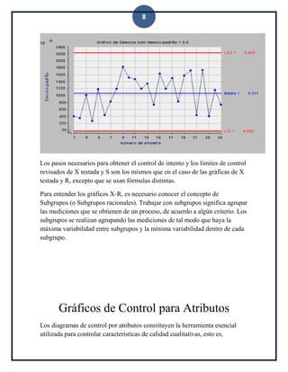 8
Los pasos necesarios para obtener el control de intento y los límites de control
revisados de X testada y S son los mismos que en el caso de las gráficas de X
testada y R, excepto que se usan fórmulas distintas.
Para entender los gráficos X-R, es necesario conocer el concepto de
Subgrupos (o Subgrupos racionales). Trabajar con subgrupos significa agrupar
las mediciones que se obtienen de un proceso, de acuerdo a algún criterio. Los
subgrupos se realizan agrupando las mediciones de tal modo que haya la
máxima variabilidad entre subgrupos y la mínima variabilidad dentro de cada
subgrupo.
Gráficos de Control para Atributos
Los diagramas de control por atributos constituyen la herramienta esencial
utilizada para controlar características de calidad cualitativas, esto es,
 