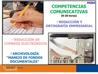 COMPETENCIAS COMUNICATIVAS (8-20 horas) REDACCIÓN Y ORTOGRAFÍA EMPRESARIAL ARCHIVOLOGÍA “ MANEJO DE FONDOS DOCUMENTALES” REDACCIÓN DE CORREOS ELECTRÓNICOS PESDA 