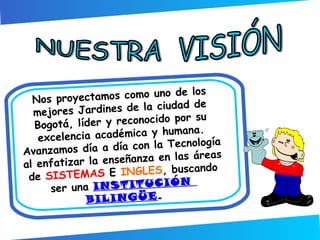 de los
yectamos como uno
Nos pro
d de
Jardines de la ciuda
mejores
su
er y reconocido por
Bogotá, líd
.
académica y humana
excelencia
gía
a día con la Tecnolo
Avanzamos día
as
nseñanza en las áre
al enfatizar la e
ando
AS E INGLES, busc
de SISTEM
IÓN
e r un a I N S T I T U C
s
BILINGÜE.

 