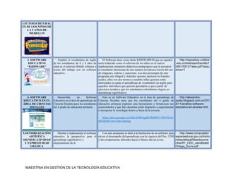 MAESTRIA EN GESTION DE LA TECNOLOGÍA EDUCATIVA
LECTOESCRITURAL
ES DE LOS NIÑOS DE
4 A 5 AÑOS DE
MEDELLIN
3. SOFTWARE
EDUCATIVO
“KIDSWARE”
Ampliar el vocabulario de inglés
de los estudiantes de 6 y 8 años de
edad en el instituto British Alliance a
través del trabajo con un software
educativo.
El Software tiene como título KIDSWARE50 que en español
sería traducido como el software de los niños en el cual se
implementan elementos didácticos pedagógicos que le permiten
al estudiante interactuar de una manera novedosa a través del uso
de imágenes, colores y canciones. Los dos personajes de este
programa son Abigail y Ackerley quienes nacieron en Estados
unidos, ellos son dos tiernos y amables niños quienes están
interesados en guiar el aprendizaje de vocabulario en inglés para
aquellos individuos que quieren aprenderlo y que a partir de
ejercicios ayudan a que los estudiantes colombianos logren un
aprendizaje significativo.
http://repository.unilibre
.edu.co/bitstream/handle/1
0901/5572/Tesis.pdf?sequ
ence=1
4. SOFTWARE
EDUCATIVO EN EL
ÁREA DE CIENCIAS
SOCIALES
Desarrollar un Software
Educativo en el área de aprendizaje de
Ciencias Sociales para los estudiantes
del 4 grado de educación primaria
Este es un Software Educativo en el área de aprendizaje de
Ciencias Sociales para que los estudiantes del 4 grado de
educación primaria exploten esta herramienta y fortalezcan sus
conocimiento y que l@s docentes estén dispuesto a experimentar
e incorporar la tecnología dentro y fuera de la escuela.
https://drive.google.com/file/d/0B5agj8bTMSlFV1VINTFmU
nhURnM/view?usp=sharing
http://alexandra-
ayala.blogspot.com.co/201
5/11/analisis-software-
educativo-en-el-area.html
5.SENSIBILIZACIÓN
ARTÍSTICA
SIGNIFICATIVIDAD
Y EXPRESIVIDAD
GRÁFICA
Diseñar e implementar el software
educativo la perspectiva para el
aprendizaje significativo y
mejoramiento de la
Con esta propuesta se dotó a la Institución de un software para
elevar el desempeño del aprendizaje con la vigencia del Dec. 1290
y las competencias laborales hacia el futuro del (a) joven.
http://www.computador
esparaeducar.gov.co/inicio
/sites/default/files/docume
ntos/R1_CED_JairoMulett
Ortega_Sucre.pdf
 