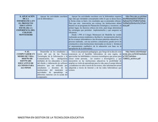 MAESTRIA EN GESTION DE LA TECNOLOGÍA EDUCATIVA
8. APLICACIÓN
DE LA
INFORMÁTICA EN
EL PROYECTO
EDUCATIVO
ESCOLAR, LA
EXPERIENCIA DEL
COLEGIO
MONTESSORI
Apoyar las actividades escolares
con la Informática r
Apoyar las actividades escolares con la Informática requiere
algo más que claridades conceptuales sobre lo que se desea hacer,
la forma cómo se hará y los resultados que se pretenden obtener.
Para que esta innovación sea exitosa, las instituciones deben
basarse en un programa de Planeación Estratégica y reconocer, en
primer lugar, los factores críticos de éxito, para luego determinar
las estrategias que permitan implementarlos y que aseguren su
eficiencia.
Desde 1.994 el Colegio Montessori de Medellín ha venido
realizando acciones tendientes a facilitar la incorporación efectiva
de los avances informáticos a las diversas prácticas educativas. El
proceso realizado, con sus aciertos y desaciertos, puede servir de
orientación a otras instituciones interesadas en iniciar o fortalecer
el mejoramiento cualitativo de la educación con base en la
apropiación de la informática
http://lsm.dei.uc.pt/ribie/
docfiles/txt200372924512
Aplicaci%C3%B3n%20de
%20la%20inform%C3%A1
tica.pdf
9. EL
COMPUTADOR UN
MEDIO DE VIDA:
DISEÑO DE
SOFTWARE
EDUCATIVO DE
ALUMNOS PARA
ALUMNOS
Desarrollar en los estudiantes a
través del uso de las Nuevas
Tecnologías de la Información y la
Comunicación, las inteligencias
múltiples de los educandos a través
del diseño y elaboración de software
educativo que sea utilizado por
estudiantes y docentes de las
instituciones del municipio en
actividades de aprendizaje de
diferentes materias con la ayuda del
computador.
Esta es una propuesta pedagógica, que Surge de la idea de crear
conciencia en el bachiller Informático de esta región, de
aprovechar las habilidades y recursos tecnológicos que posee para
crecer como persona, ser creativo e investigativo; y que
encuentren en las instituciones educativas la posibilidad de
ampliar su visión de aprendizaje para la vida, para el campo laboral
y académico no sólo a través de los textos, sino información actual
adquirida a través de Internet y de las redes Informáticas que
existen.
http://www.colombiaapr
ende.edu.co/html/mediatec
a/1607/articles-
108603_archivo.pdf
 