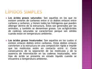  Los ácidos grasos saturados: Son aquellos en los que no
existen uniones de carbonos entre sí (o dobles enlaces entre
carbono y carbono), y tienen todos los hidrógenos que pueden
albergar dentro de la estructura. Éstos son generados por los
animales, y también se denominan grasas. Los acilglicéridos
de cadenas saturadas se caracterizan porque son sólidos
cuando están en temperatura ambiente.
 Los ácidos grasos insaturados: Son aquellos en los cuales sí
existen enlaces dobles entre carbonos. Estos dobles enlaces
convierten a la estructura en una composición rígida e impide
que las moléculas estén en contacto entre sí. Como
consecuencia de la separación de las moléculas y de la
ausencia de interrelación en las cadenas insaturadas, este
tipo de ácido se presenta en estado líquido cuando se
encuentra a temperatura ambiente.
 