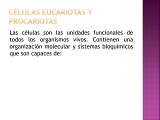 Las células son las unidades funcionales de
todos los organismos vivos. Contienen una
organización molecular y sistemas bioquímicos
que son capaces de:
 