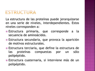 La estructura de las proteínas puede jerarquizarse
en una serie de niveles, interdependientes. Estos
niveles corresponden a:
 Estructura primaria, que corresponde a la
secuencia de aminoácidos.
 Estructura secundaria, que provoca la aparición
de motivos estructurales.
 Estructura terciaria, que define la estructura de
las proteínas compuestas por un sólo
polipéptido.
 Estructura cuaternaria, si interviene más de un
polipéptido.
 