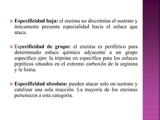  Especificidad baja: el enzima no discrimina el sustrato y
únicamente presenta especialidad hacia el enlace que
ataca.
 Especificidad de grupo: el enzima es periférico para
determinado enlace químico adyacente a un grupo
especifico ejm: la tripsina en específica para los enlaces
pepiticos situados en el extremo carboxilo de la arginina
y la lisina.
 Especificidad absoluta: pueden atacar solo un sustrato y
catalizar una sola reacción. La mayoría de los enzimas
pertenecen a esta categoría.
 