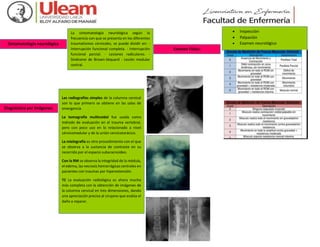 Sintomatología neurológica
La sintomatología neurológica según la
frecuencia con que se presenta en los diferentes
traumatismos cervicales, se puede dividir en: -
Interrupción funcional completa. - Interrupción
funcional parcial. - Lesiones radiculares. -
Síndrome de Brown-Séquard - Lesión medular
central.
Examen Físico:
 Inspección
 Palpación
 Examen neurológico
Diagnóstico por Imágenes:
Las radiografías simples de la columna cervical
son lo que primero se obtiene en las salas de
emergencia
La tomografía multicoidal fue usada como
método de evaluación en el trauma vertebral,
pero con poco uso en lo relacionado a nivel
cérvicomedular y de la unión cervicotorácico.
La mielografía es otro procedimiento con el que
se observa a la sustancia de contraste en su
recorrido por el espacio subaracnoideo.
Con la RM se observa la integridad de la médula,
el edema, las necrosis hemorrágicas centrales en
pacientes con traumas por hiperextensión.
TC La evaluación radiológica es ahora mucho
más completa con la obtención de imágenes de
la columna cervical en tres dimensiones, dando
una apreciación precisa al cirujano que evalúa el
daño a reparar.
 