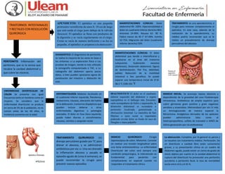 TRASTORNOS INTESTAINALES
Y RECTALES CON RESOLUCIÓN
QUIRÚRGICA
APENDICITIS: El apéndice es una pequeña
protrusión vermiforme de unos 8- 10 cm de largo
que está unida al ciego justo debajo de la válvula
ileocecal. El apéndice se llena con productos de
la digestión y se vacía regularmente en el ciego.
Como se vacía de manera ineficiente y su luz es
pequeña, el apéndice es propenso a la obstrucción
MANIFESTACIONES CLÍNICAS: Dolor
abdominal 99- 100%. Hipersensibilidad o
dolor en cuadrante inferior derecho 96%.
Anorexia 24-99%. Nausea 62- 90 %.
Fiebre menor de 30 C° 67-69%. Vomito
32-75%. Migración del dolor (cuadrante
inferior derecho) 50%
TRATAMIENTO: es una apendectomía, o
cirugía para remover completamente el
apéndice. En este caso, además de la
realización de la apendectomía, su
médico podría recomendar que se le
realice un procedimiento de drenaje
percutáneo del absceso.
PERITONITIS Inflamación del
peritoneo, que es la serosa que
recubre la cavidad abdominal y
que cubre las vísceras.
DIAGNOSTICO: El diagnóstico de peritonitis
se realiza la mayoría de las veces en base a
los síntomas: o La exploración física o Las
pruebas de imagen, siendo la más utilizada
la tomografía computarizada o TAC. o La
radiografía del abdomen aporta pocos
datos, si bien pueden apreciarse signos de
paralización del intestino y dilatación de
este.
MANIFESTACIONES CLÍNICAS: El dolor
abdominal que tiende a intensificarse y
localizarse en el área del trastorno
subyacente. Sudoración excesiva
(diaforesis). Distensión abdominal. Signos
de deshidratación. Piel fría, debilidad,
palidez Reducción de la motilidad
intestinal e íleo paralítico. Se puede
esperar una temperatura inicial de 37.8-
38.3 °C (100-101 °F
ENFERMEDAD DIVERTICULAR DE
COLON Se presenta con igual
frecuencia tanto en hombres como en
mujeres. Se considera que la
enfermedad diverticular se produce
en cerca de 5% de la población, no es
común antes de los 40 años, la
incidencia aumenta con la edad.
SINTOMATOLOGÍA Malestar localizado en
el cuadrante inferior izquierdo, flatulencia,
meteorismo, náuseas, alteración del habito
en la defecación, trastornos dispépticos que
pueden incluso deberse a otras
enfermedades digestivas o patologías
asociadas. El dolor en fosa ilíaca izquierda,
puede haber diarrea o estreñimiento,
náuseas, vómitos y sangrado rectal.
DIAGNOSTICO El dolor en el cuadrante
inferior izquierdo del abdomen o región
suprapúbica es el hallazgo más frecuente,
suele acompañarse de fiebre y taquicardia, la
distensión abdominal es secundaria a
peritonitis localizada, generalizada u
obstrucción intestinal. La maniobra de San
Martino o tacto rectal es importante
pudiendo revelar dolor en fondo de saco de
Douglas o masa palpable
MANEJO INICIAL. Se aconseja reposo absoluto y
dependiendo de la gravedad del caso Fluidoterapia
intravenosa. Antibióticos de amplio espectro para
cubrir gérmenes gram positivo y gram negativos
aerobios y anaerobios. Metronidazol por vía I.V más
un Aminoglucosido de manera especial la
Nitromicina. Analgésicos derivados de los opiáceos
pueden administrarse tales como el
Dextropropoxifeno, sulfato de tramadol o AINES de
última generación por vía endovenosa.
La obstrucción. Completa, por lo general es parcia y
se resuelve con tratamiento médico. Perforación. De
un divertículo a cavidad libre están sumamente
graves, y su presentación clínica es un cuadro de
Abdomen agudo, puede existir un cierto de grado de
shock séptico por cuanto en la cavidad abdominal la
ruptura del divertículo ha provocado una peritonitis
purulenta o peritonitis fecal, la tasa de mortalidad
oscila entre el 6 y el 35 %.
MANEJO QUIRÚRGICO Cirugía
laparoscópica de colon. Miotomía. Consiste
en realizar una incisión longitudinal sobre
una tenia antimesentérica. La enfermedad
Diverticular del colon será siempre una
condición prequirúrgica, la intervención es
fundamental para pacientes con
complicaciones en especial cuando no
responden al tratamiento clínico.
TRATAMIENTO QUIRURGICO Un
drenaje percutáneo guiado por TC para
drenar el absceso, y se administran
antibióticos por vía i.v. Una vez drenado
la inflamación absceso y pasado el
episodio agudo de (unas 6 semanas), se
puede recomendar la cirugía para
prevenir nuevos episodios
 
