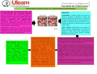 OBSTRUCCIÓN DEL INTESTINO DELGADO Y DE LA OBSTRUCCIÓN DEL INTESTINO GRUESO
OBSTRUCCIÓN DEL INTESTINO DELGADO Y DE
LA OBSTRUCCIÓN DEL INTESTINO GRUESO
Bloqueo que impide el flujo normal del contenido. La
obstrucción puede ser total o parcial y dependerá su gravedad
el grado de oclusión y el grado en que altera la pared celular.
CAUSAS COMUNES DE OBSTRUCCIÓN
MECÁNICA: Úlceras pépticas, diverticulitis, colitis,
gastroenteritis, traumatismos, tuberculosis, adherencias o
bridas postoperatorias abdominales, neoformaciones., masas
fecales estancadas. - dietas carenciales.
FUNCIONAL: Disminución de la motilidad intestinal,
prohipopotasemia, uremia, diabetes méllitus, edad, tumores
enfermedad de crohn y hernias, tratamiento farmacológico,
opiáceos, diuréticos, anticolinérgicos narcóticos.
OBTRUCCION
Fisiopatología Los líquidos y gases se acumulan en
donde se encuentra la obstrucción, haciendo una
distención abdominal donde favorece la acumulación
de líquidos estimulando más la secreción gástrica, al
aumentar a distinción aumenta de presión de la luz
intestinal provocando una disminución de la presión
capilar venosa.
Signos y síntomas. Estreñimiento, la as formas de las
heces aumentan progresivamente de tamaño, la
pérdida de sangre puede causar anemia por la
deficiencia de hierro, Puede presentar debilidad,
pérdida de peso y anorexia/
OBSTRUCCIÓN DEL INTESTINO GRUESO El estreñimiento cada vez
mayor lleva a la distensión abdominal. Puede haber vómitos (en general, varias
horas después del comienzo de los otros síntomas), pero no son frecuentes. Hay
cólicos abdominales bajos sin producción de materia fecal.
Signos y síntomas Son diferenciados clínicamente porque estos signos y
síntomas va aumentando lentamente: Y el único síntoma durante semanas puede
ser el estreñimiento, Las formas de las heces aumentan progresivamente de
tamaño, La pérdida de sangre puede causar anemia por la deficiencia de hierro
Valoración. Se basa en los síntomas antes descritos. Y en estudios por imagen,
radiografía, TC incluye en cantidades anómalas de líquido, gas. Estudio
hemograma y posible infección. Deshidratación por la pérdida de electrolitos
Tratamientos médicos. Para los pacientes con obstrucción total justifica la
intervención quirúrgica por la muerte o necrosis tisular. Las hernias consisten
en reparación.
Quirúrgico: Laparotomía para remover el obstáculo previa compensación de
la deshidratación, del trastorno hidroelectrolítico y antibióticos para impedir la
proliferación bacteriana en la región de la oclusión.
IATROGENIA DE VIAS BILIARES La lesión
de la Vía Biliar durante una Colecistectomía es
reconocida como una catástrofe preocupante. Las
lesiones de las vías biliares se pueden presentar
tanto en la Colecistectomía convencional como en
la laparoscópica. Se define como la lesión
quirúrgica (ligadura, clipado o estenosis).
Colecistectomía Convencional1 0.1 - 0.5%.
Colecistectomía Laparoscópica 0.15 - 2.9%.
ETIOLOGÍA Las lesiones de las vías biliares no
es patrimonio del cirujano que recién comienza, ya
que él lo hace con sumo cuidado. Los grupos de
causas pueden ser: Exceso de confianza, cuando el
operador ya está poseído de tener una gran
experiencia, esto le da mucha seguridad.
Incapacidad de controlar Hemorragia leve que le va
a dificultar la visión mientras opera.
SITUACIONES PELIGROSAS Exceso de
tracción del cístico. Cuando el cirujano tracciona el
bacinete y le permite la anatomía una gran laxitud.
TRATAMIENTO Reparación de las
lesiones. Colédoco rafia, Anastomosis
con tutor, Anastomosis sin tutor,
Hepático/s - Yeyunostomía en Y de
Roux, Colédoco/Yeyunostomía en Y de
Roux, Patogenia de las lesiones,
Estenosis postisquémica, Colangio-
Yeyunostomía intra hepática en Y de
Roux u operación de Longmire,
Hepato/Yeyunostomía (Allen) en Y de
Roux, Lesiones vasculares, Lesiones a
Órganos Vecinos, Los órganos vecinos
que más de afectan son: Colon, duodeno,
píloro
 