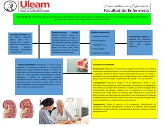 CUIDADOS DE ENFERMERÍA
Preoperatorio: Realización de una entrevista al paciente, verificando con la historia
clínica que es el paciente correcto y que todos los documentos están en orden para
la operación. Informar al paciente sobre el procedimiento que se va a realizar y
prepararlos física y mentalmente para la cirugía. Revisar que el paciente esté en
ayunas, que tiene canalizadas vías periféricas, en caso de no ser así, canalizarla.
Transoperatorio: Durante la cirugía el rol de enfermería se divide en dos:
Enfermera instrumentista, que estará asistiendo a los cirujanos y encargada de los
instrumentos y el campo estéril. Enfermera circulante que será la encargada de la
monitorización del paciente, colaborar con el anestesista en el proceso de
anestesia, poner sonda vesical si se necesita, poner placa para el uso del bisturí
eléctrico y asistir a la enfermera instrumentista en lo que esta necesite. Ésta además
completará toda la información necesaria en la historia del paciente, para garantizar
una continuidad en los cuidados durante todo el proceso.
Postoperatorio: Recibir al paciente en la reanimación. Monitorización de
constantes y valoración del despertar y reacción a la anestesia. Valorar posible
sangrado por el lugar de incisión. Acompañamiento durante el traslado a la planta
de hospitalización.
CÁNCER RENAL Tipo más frecuente de carcinoma renal surge del epitelio renal y contribuye con más de 85% de los tumores de los riñones, que pueden enviar metástasis
tempranas a los pulmones, hueso, hígado, cerebro y el riñón contralateral.
.FACTORES DE RIESGO Uso
de tabaco, obesidad,
género, afecta más a
varones que a mujeres,
exposición ocupacional a
sustancias químicas
industriales, enfermedad
renal poliquística
MANIFESTACIONES CLÍNICAS
Muchos tumores renales no
producen síntomas, los signos y
síntomas clásicos que ocurren en
solo 10%de los pacientes incluyen
hematuria, dolor y una masa en el
flanco, en ciertos casos existe
disminución de peso no explicada,
debilidad creciente y anemia
PRUEBAS DIAGNOSTICA
• Urografía intravenosa.
• Nefro tomografía.
• Angiografía renal.
• Ultrasonografía.
• Exploración cistoscopia
TRATAMIENTO MEDICO: El
propósito del tratamiento
médico es erradicar el tumor
antes que ocurran
metástasis.
. MANEJO QUIRÚRGICO: Nefrectomía: si el tumor puede
extirparse, el tratamiento preferido es la nefrectomía
radical, que incluye la exéresis del riñón (y el tumor). Se
puede hacer nefrectomía laparoscópica para la exéresis del
riñón con un tumor pequeño, procedimiento que conlleva
morbilidad y tiempo de recuperación menores.
Embolización de las arterias renales: en pacientes con
carcinoma renal metastásico, se puede ocluir la arteria
renal para impedir el riego sanguíneo del tumor, y, por lo
tanto, eliminar las células tumorales
 
