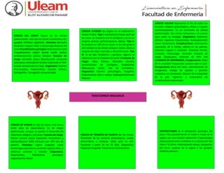 CÁNCER DEL CERVIX Cáncer de las células
epidermoides. Este tipo de Cáncer se disemina a los
ganglios linfáticos regionales. Sintomas Secreción
Sangrado irregular Dolor o hemorragia después del
coito Procedimiento quirúrgico Histerectomía total
Traquelectomia radical Exente ración pélvica
Linfadenectomía pélvica bilateral Factores de
riesgo Actividad sexual Reproducción temprana
Sobrepeso Antecedente familiar Exposición al VPH.
Estado socioeconómico bajo. Diagnostico Examen
microscópico, Papanicolaou, Examen pélvico,
Radiografías, Tomografía computarizada
CÁNCER VULVAR Representa el 4% de todos los
tumores malignos ginecológicos, afecta a mujeres
posmenopáusicas. Es un carcinoma de células
epidermoides. Son menos frecuentes y se conoce
poco sobre su etiología. Diagnóstico: Exámenes
pélvicos regulares Papanicolaou Autoexploración
vulvar Vulvectomia. Complicaciones: cicatrización,
separación de la herida, edema en las piernas,
estenosis vaginal o rectocele. Síntomas Prurito,
Irritación, Hemorragia, Secreción Factores de
riesgo Tabaquismo, Infección de VPH, VIH
CUIDADOS DE ENFERMERIA. Preoperatorio: Alivio
de la ansiedad Preparación cutánea para la piel.
Posoperatorio Alivio del dolor, administración de
analgésicos, masaje de espalda y posición
cuidadosa con almohadas. Mejoría de la integridad
de la piel. Vigilancia y tratamiento de
complicaciones potenciales
CÁNCER UTERINO Se origina en el endometrio.
Existen 3 tipos: Tipo I: representa la mayor parte de
los casos, se relaciona con el estrógeno y se da en
mujeres jóvenes perimenopausia, obesas. Tipo II:
Se produce en 10% de los casos, es de alto grado y
casi siempre es de células serosas o claras, afecta a
mujeres de edad avanzada y afroamericanas. Tipo
III: Es de tipo hereditario y genético, algunos se
relacionan con el síndrome de Lynch II Factores de
riesgo: Edad 55años, Obesidad elevada,
concentracion de estrógeno, Nuliparidad,
Menopausia tardía, Uso de tamoxifeno.
Diagnostico Examen ginecológico, Ecografía,
Histerectomía total o radical, Salpingooforectomia
bilateral
CÁNCER DE VAGINA Es tipo de cáncer muy raro y
tarda años en desarrollarse. Es de origen
epidermoide, aunque es posible el desarrollo de
melanoma maligno y sarcomas. Factores de riesgo.
Cáncer cervical previo Exposición intrauterina a
dietilestilbestrol (DES) Infección por VPH Uso de
pesario. Síntomas: Ligero sangrado coito,
hemorragia espontanea, secreción vaginal, dolor, y
síntomas urinarios y rectales. Diagnostico.
Papanicolaou Tratamiento quirúrgico:
Vaginectomia radical
HISTERECTOMÍA Es la extirpación quirúrgica del
útero. Este procedimiento se realiza a través de la
vagina, por una incisión abdominal o laparoscopia
Histerectomía total, Se Refiere A La Extirpación Del
Útero Y El Cérvix. Histerectomía radical, extirpación
del tercio superior de la vagina y los ganglios
linfáticos pélvicos.
CÁNCER DE TROMPAS DE FALOPIO Son los menos
frecuentes de los canceres ginecológicos, puede
desarrollarse a cualquier edad; pero es más
frecuente a partir de los 55 años. Diagnostico
Palpacion Ecografía Tratamiento Histerectomia
TRASTORNOS MALIGNOS
 