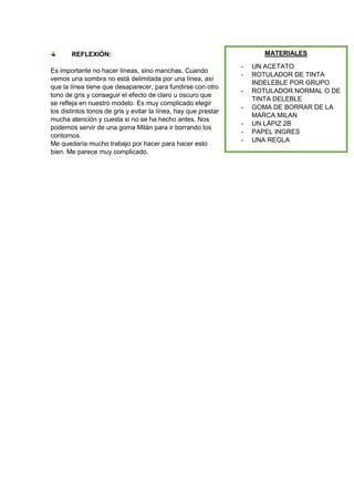 REFLEXIÓN:
Es importante no hacer líneas, sino manchas. Cuando
vemos una sombra no está delimitada por una línea, así
que la línea tiene que desaparecer, para fundirse con otro
tono de gris y conseguir el efecto de claro u oscuro que
se refleja en nuestro modelo. Es muy complicado elegir
los distintos tonos de gris y evitar la línea, hay que prestar
mucha atención y cuesta si no se ha hecho antes. Nos
podemos servir de una goma Milán para ir borrando los
contornos.
Me quedaría mucho trabajo por hacer para hacer esto
bien. Me parece muy complicado.
MATERIALES
- UN ACETATO
- ROTULADOR DE TINTA
INDELEBLE POR GRUPO
- ROTULADOR NORMAL O DE
TINTA DELEBLE
- GOMA DE BORRAR DE LA
MARCA MILAN
- UN LÁPIZ 2B
- PAPEL INGRES
- UNA REGLA
 