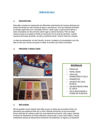 TEMPLE DE COLA
DESCRIPCIÓN:
Este taller consiste en representar los diferentes sentimientos de manera abstracta por
medio del temple de cola (mezcla de agua y cola blanca). Una vez realizado el temple
se añaden pigmentos que, mezclados entre sí, darán lugar a colores secundarios y
estos mezclados con los primarios darán lugar a colores terciarios. Para no dejar
marcas sucias en el papel se divide en secciones con la cinta de carrocero, cuando
hayamos terminado de pintar, se retira y podremos tener “marcos” blancos y limpios.
La idea era representar: el color favorito, el amor, la alegría y la tranquilidad y por otro
lado el color que menos nos gusta, la rabia, la envidia y por último la tristeza.
PROCESO Y RESULTADO:
REFLEXIÓN:
Me ha gustado mucho realizar este taller ya que no sabía que se pudiera pintar con
elementos que podemos tener tan a mano. Resulta económico ya que se pueden
formar todo tipo de colores a partir de unos pigmentos primarios, cola y agua. Además,
el hecho de representar de forma abstracta, aunque sea un poco más costoso, resulta
satisfactorio porque se desarrolla la resolución de problemas, el ingenio y la expresión.
MATERIALES
- PINCELES
- PAPEL BASIC
- CINTA DE
CARROCERO O CELO
- PIGMENTOS
- UN BOTE DE COLA
BLANCA
- UN RECIPIENTE PARA
EL AGUA
- UN CLASIFICADOR O
FUNDA DE PLÁSTICO.
 