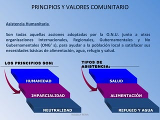 PRINCIPIOS Y VALORES COMUNITARIO Asistencia Humanitaria  Son todas aquellas acciones adoptadas por la O.N.U. junto a otras organizaciones Internacionales, Regionales, Gubernamentales y No Gubernamentales (ONG’ s), para ayudar a la población local a satisfacer sus necesidades básicas de alimentación, agua, refugio y salud.  LOS PRINCIPIOS SON: TIPOS DE ASISTENCIA: ROSDELY REINA HUMANIDAD IMPARCIALIDAD NEUTRALIDAD SALUD  ALIMENTACIÓN REFUGIO Y AGUA 