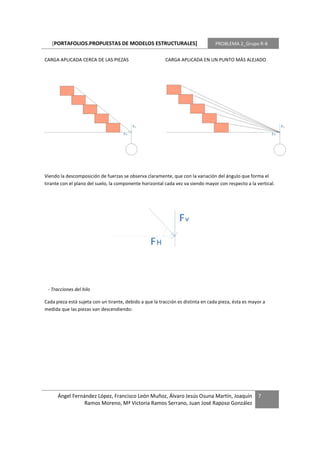 [PORTAFOLIOS.PROPUESTAS DE MODELOS ESTRUCTURALES]                              PROBLEMA 2_Grupo R-8


CARGA APLICADA CERCA DE LAS PIEZAS                        CARGA APLICADA EN UN PUNTO MÁS ALEJADO




Viendo la descomposición de fuerzas se observa claramente, que con la variación del ángulo que forma el
tirante con el plano del suelo, la componente horizontal cada vez va siendo mayor con respecto a la vertical.




 - Tracciones del hilo

Cada pieza está sujeta con un tirante, debido a que la tracción es distinta en cada pieza, ésta es mayor a
medida que las piezas van descendiendo:




      Ángel Fernández López, Francisco León Muñoz, Álvaro Jesús Osuna Martín, Joaquín                 7
                 Ramos Moreno, Mª Victoria Ramos Serrano, Juan José Raposo González
 