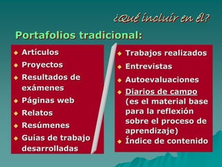¿Qué incluir en él?¿¿QuQuéé incluir enincluir en éél?l?
ArtArtíículosculos
ProyectosProyectos
Resultados deResultados de
exexáámenesmenes
PPááginas webginas web
RelatosRelatos
ResResúúmenesmenes
GuGuíías de trabajoas de trabajo
desarrolladasdesarrolladas
Trabajos realizadosTrabajos realizados
EntrevistasEntrevistas
AutoevaluacionesAutoevaluaciones
Diarios de campoDiarios de campo
(es el material base(es el material base
para la reflexipara la reflexióónn
sobre el proceso desobre el proceso de
aprendizaje)aprendizaje)
ÍÍndice de contenidondice de contenido
Portafolios tradicional:Portafolios tradicional:Portafolios tradicional:
 