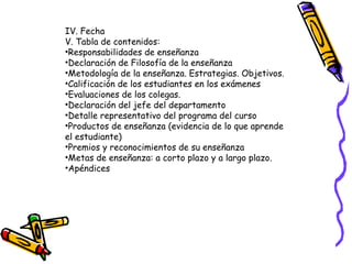 IV. Fecha
V. Tabla de contenidos:
•Responsabilidades de enseñanza
•Declaración de Filosofía de la enseñanza
•Metodología de la enseñanza. Estrategias. Objetivos.
•Calificación de los estudiantes en los exámenes
•Evaluaciones de los colegas.
•Declaración del jefe del departamento
•Detalle representativo del programa del curso
•Productos de enseñanza (evidencia de lo que aprende
el estudiante)
•Premios y reconocimientos de su enseñanza
•Metas de enseñanza: a corto plazo y a largo plazo.
•Apéndices

 