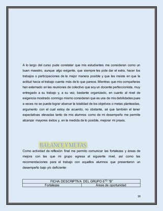 39
A lo largo del curso pude constatar que mis estudiantes me consideran como un
buen maestro, aunque algo exigente, que siempre les pide dar el extra, hacer los
trabajos o participaciones de la mejor manera posible y que les insiste en que la
actitud hacia el trabajo cuenta más de lo que parece. Mientras que mis compañeras
han externado en las reuniones de colectivo que soy un docente perfeccionista, muy
entregado a su trabajo y, a su vez, bastante organizado, en cuanto al nivel de
exigencia mostrado conmigo mismo consideran que es una de mis debilidades pues
a veces no se puede lograr abarcar la totalidad de los objetivos o metas planteadas,
argumento con el cual estoy de acuerdo, no obstante, sé que también el tener
expectativas elevadas tanto de mis alumnos como de mi desempeño me permite
alcanzar mayores éxitos y, en la medida de lo posible, mejorar mi praxis.
Como actividad de reflexión final me permito comunicar las fortalezas y áreas de
mejora con las que mi grupo egresa al siguiente nivel, así como las
recomendaciones para el trabajo con aquellos alumnos que presentaron un
desempeño bajo y/o deficiente:
FICHA DESCRIPTIVA DEL GRUPO 6TO “B”
Fortalezas Áreas de oportunidad
 