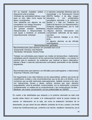 40
-En su mayoría muestran actitud y
disposición ante el trabajo.
-Disfrutan las actividades lúdicas y que
sean un reto, tales como sopas de
letras y crucigramas.
-Son solidarios con algunos de sus
compañeros con rezago educativo.
-Son buenos comunicadores.
-En general manejan habilidades
interpersonales e intrapersonales lo
cual ayuda a mantener un ambiente
mayoritariamente ordenado.
-4 alumnos presentan Barreras para el
Aprendizaje y la Participación Social
(BAPS) fuertes: 2 de ellos rezago
educativo, 1 con problemática
psicológica asociada a la disfunción
familiar y 1 más con Trastorno por
Déficit de Atención con Hiperactividad y
Epilepsia diagnosticados, por lo cual
requiere medicación.
-Algunos alumnos demuestran una
comprensión deficiente de los textos
que leen.
-Pocos alumnos trabajan a un ritmo
lento.
-A algunos alumnos se les dificulta
autorregularse.
Recomendaciones generales
Recomendaciones para alumnos con promedio de 6 a 6.9
-Bustamante Gamboa José Roberto
-Hernández Hernández Sandra Paola
Trabajar con actividades para mejorar sus niveles de lectoescritura, implementar
estrategias para la adquisición de las operaciones fundamentales y su puesta en
práctica para la resolución de problemas que implican la lógica matemática,
planear y llevar a cabo las adecuaciones curriculares pertinentes en las distintas
asignaturas.
Recomendaciones para alumnos con dificultad para autorregularse o relacionarse
-Espinoza Feliciano José Ángel
Dar seguimiento a sus citas médicas con los especialistas, verificar que se les dé
cumplimiento a éstas y a las recomendaciones que se les den a la familia y a él,
corroborar que se esté medicando adecuadamente, hablarle siempre a los ojos,
con instrucciones breves y claras, verificar siempre que puso atención
preguntándole sobre la actividad, comprometerlo con su desempeño y propiciar
constantemente un análisis de su comportamiento y las consecuencias de éste.
Mantener una buena comunicación con los profesionales de USAER.
En cuanto a las debilidades que respecto a mi práctica demostré en este ciclo
escolar éstas fueron en cuanto a la metacognición sobre la propia manera de
razonar mi intervención en el aula, así como la evaluación formativa de mi
desempeño, ya que carecí de una reflexión profunda de mi ser y actuar y me limité
a hacer las modificaciones que, conforme a la marcha, resultaron necesarias, por el
 