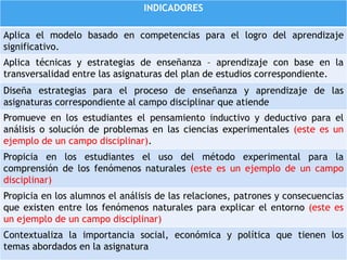 INDICADORES
Aplica el modelo basado en competencias para el logro del aprendizaje
significativo.
Aplica técnicas y estrategias de enseñanza – aprendizaje con base en la
transversalidad entre las asignaturas del plan de estudios correspondiente.
Diseña estrategias para el proceso de enseñanza y aprendizaje de las
asignaturas correspondiente al campo disciplinar que atiende
Promueve en los estudiantes el pensamiento inductivo y deductivo para el
análisis o solución de problemas en las ciencias experimentales (este es un
ejemplo de un campo disciplinar).
Propicia en los estudiantes el uso del método experimental para la
comprensión de los fenómenos naturales (este es un ejemplo de un campo
disciplinar)
Propicia en los alumnos el análisis de las relaciones, patrones y consecuencias
que existen entre los fenómenos naturales para explicar el entorno (este es
un ejemplo de un campo disciplinar)
Contextualiza la importancia social, económica y política que tienen los
temas abordados en la asignatura
 