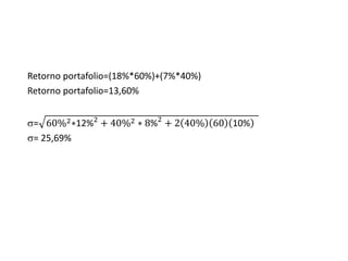 Retorno portafolio=(18%*60%)+(7%*40%)
Retorno portafolio=13,60%
= 60%2∗12%2
+ 40%2 ∗ 8%2
+ 2 40% 60 10%
= 25,69%
 
