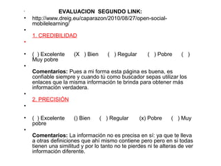•
EVALUACION  SEGUNDO LINK:
• http://www.dreig.eu/caparazon/2010/08/27/open-social-
mobilelearning/
•
1. CREDIBILIDAD
•
• ( ) Excelente (X ) Bien ( ) Regular ( ) Pobre ( )
Muy pobre
•
Comentarios: Pues a mi forma esta página es buena, es
confiable siempre y cuando tú como buscador sepas utilizar los
enlaces que la misma información te brinda para obtener más
información verdadera.
•
2. PRECISIÓN
•
• ( ) Excelente () Bien ( ) Regular (x) Pobre ( ) Muy
pobre
•
Comentarios: La información no es precisa en sí: ya que te lleva
a otras definiciones que ahí mismo contiene pero pero en si todas
tienen una similitud y por lo tanto no te pierdes ni te alteras de ver
información diferente.
 