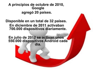 A principios de octubre de 2010,
Google
agregó 20 países.
Disponible en un total de 32 países.
En diciembre de 2011 activaban
700.000 dispositivos diariamente.
En julio de 2012 se activan unos
550.000 dispositivos Android cada
día.
 